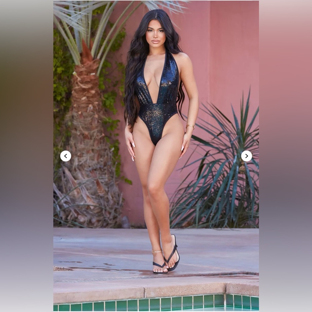 Fashion Nova Black Sequin Deep V Bodysuit - Picture 2 of 5